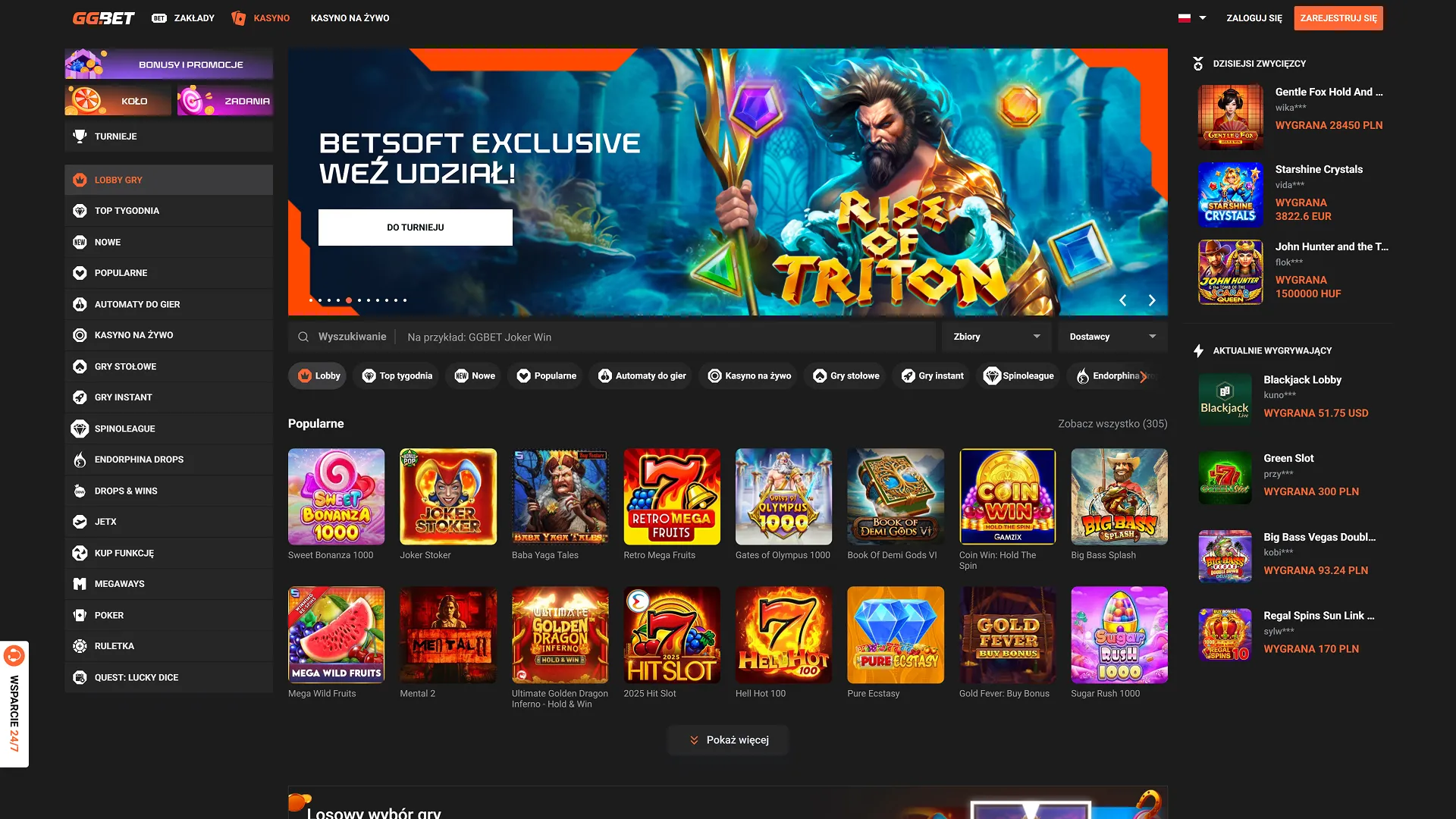 Zrzut ekranu lobby GGBet Casino z promocjami na rok 2025