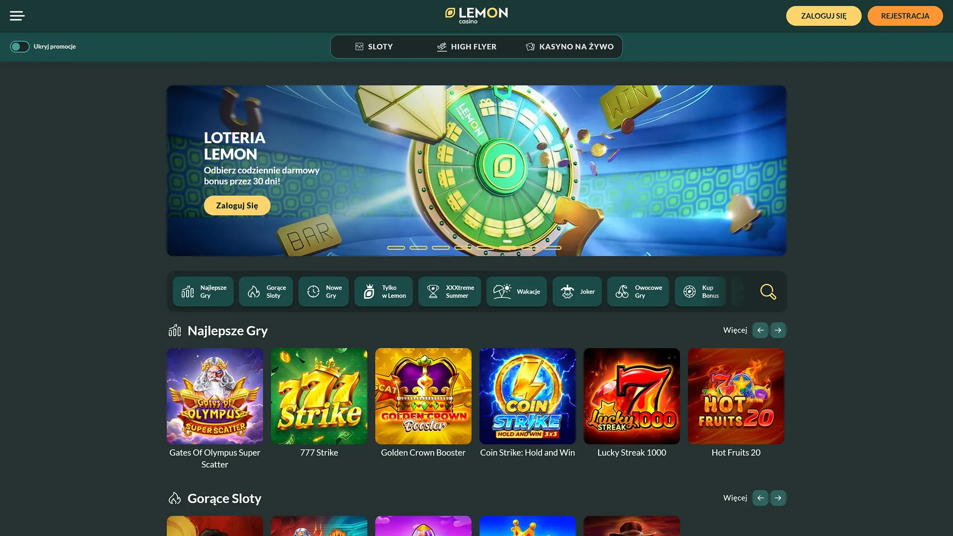 Interfejs Lemon Casino z ofertą promocyjną na darmowe spiny